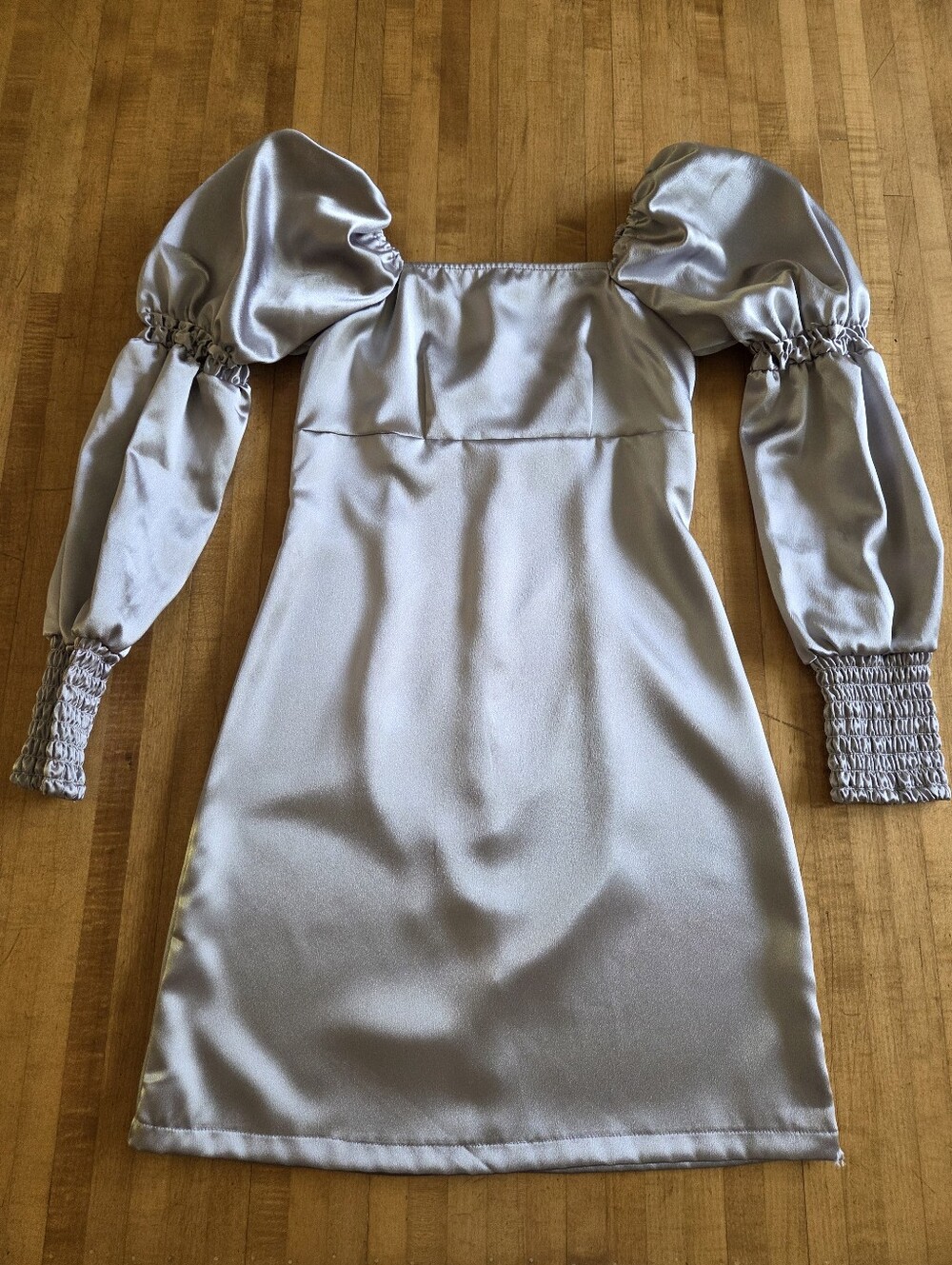 RECLAIMED VINTAGE Satin Puff Long Sleeve Mini Dress in Silver